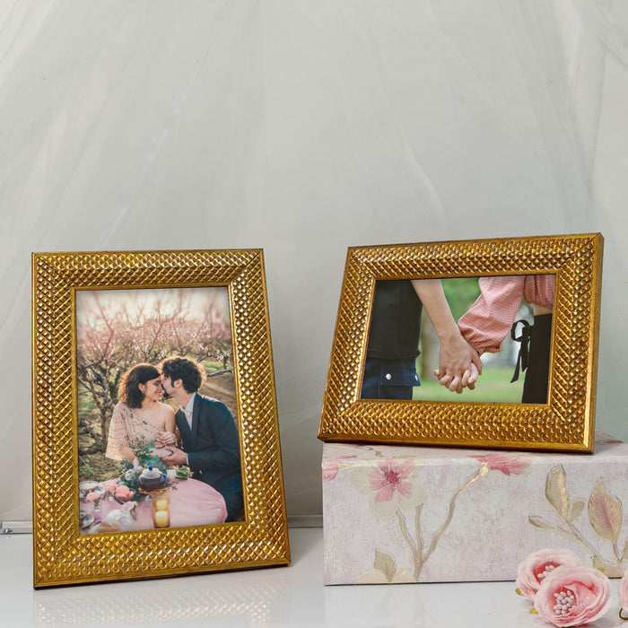 Photo Frame for Table Set of 2, Plexi Glass, Engineered Wood Photo Frame (Gold, Size- 4x6 & 5x7 Inch)