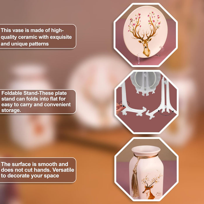 Flower and Deer Pinted Ceramic Vases and Decorative Plate Combo for Décor (White, 4.5x9 Inch and 8x8 Inch)