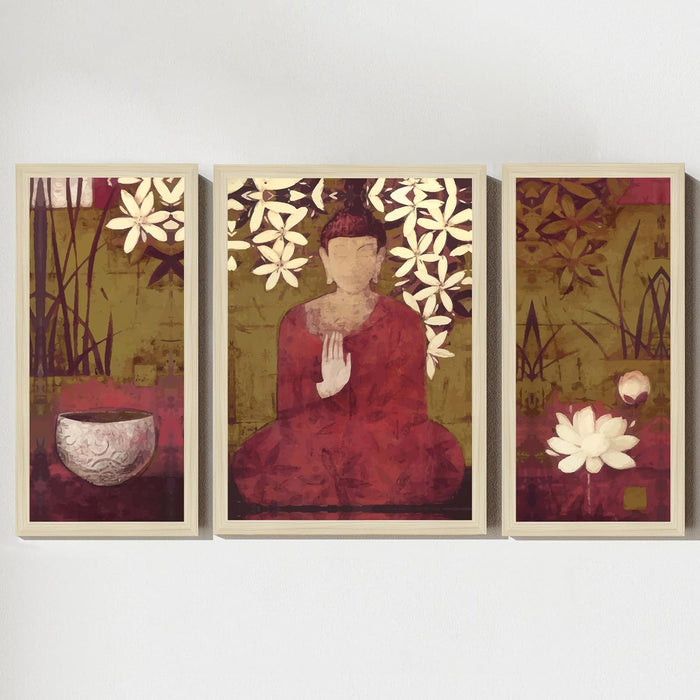 Buddha Floral Abstract Framed Wall Art Painting Home Décor Pack Of 3 | Digital Scenery Painting with Frame, Office Set Of 3, 22x46 cm, 33x44 cm