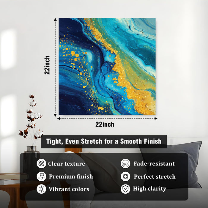 Abstract Blue & Gold Marble Wall Art Painting For Living Room, Modern Fluid Ink Stretched Canvas Painting with Gold Foil Splatter, Contemporary Decor for Living Room, Home & Office (56xx56 cm)