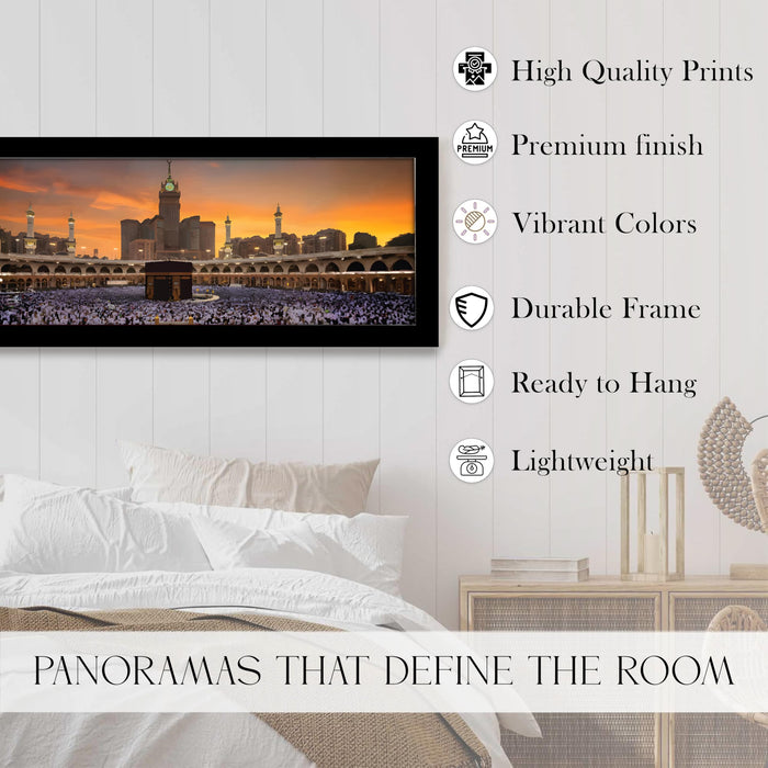 Makka Madina Kaaba Islamic Arabic Landscape Wall Art Framed Luxury Paintings for Home Decoration, Living room, Bedroom and Office Decoration (99x38 CM)