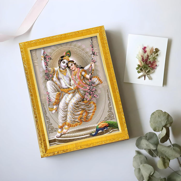 Divine Sri Radha and Krishna Religious Golden Photo Frame Stand able and Wall Hanging for Temple (13x18 cm)