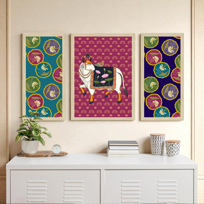 Pichwai Framed Wall Art Painting Home Décor Pack Of 3 | Digital Scenery Painting with Frame, Set Of 3, 22x46 cm, 33x44 cm