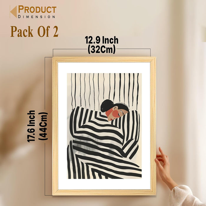 Modern Art Boho Woman in Stripes Abstract, Set of 2 (Black, 13x18 Inch), Wall Paintings