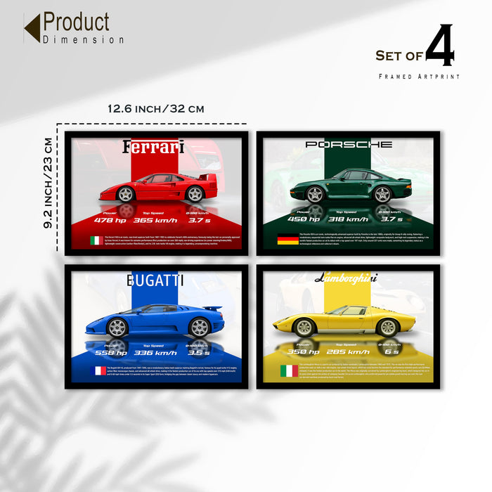 Luxury Supercars Framed Painting Wall Art Painting Set of 4 | Ferrari, Porsche, Bugatti & Lamborghini Illustration Prints for Living Room & Office D cor, 23x32 cm