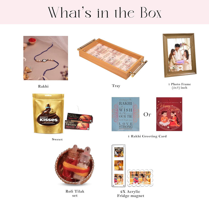 Rakshabandhan Chocolate Gift Hamper for Brother and Bhabhi, Photo Frame and Serving Tray, Evil Eye Rakhi with Chawal and Roli Gift Set for Celebrate Raksha Bandhan
