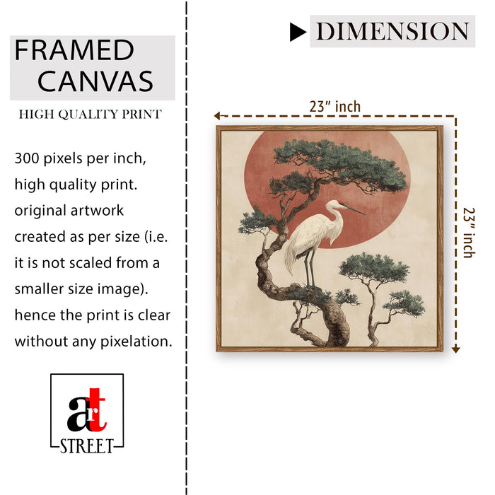 Japanese Crane Sun Framed Painting For Living Room | Vastu Crane Large Canvas Painting With Frame Wall Art For Bedroom, Hallway's, Office, Hotel, Size 58x58 cm