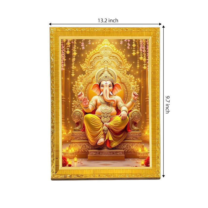 Lord Ganesha Ji Golden Photo Frame for Mandir, Pooja Room | Divine Hindu Deity Wall Art (10x13 Inch)