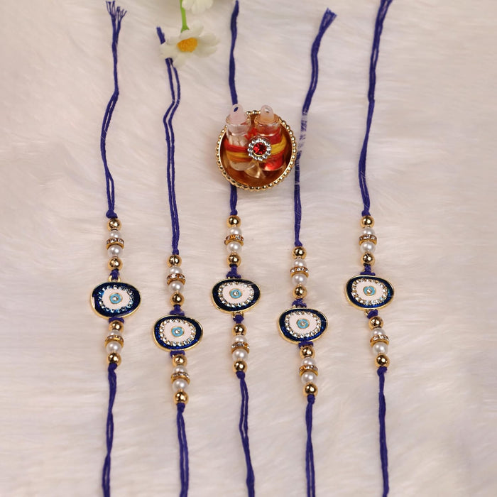 Rakhi Set for Brother and Bhabhi Premium Nazariya Rakhi with Roli and Chawal for Raksha Bandhan (Set of 5)