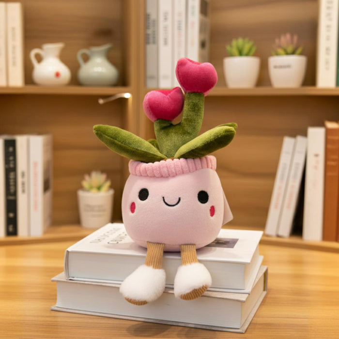 Art Street Cute Pink Potted Plush Plant with Smiling Face & Dangling Legs | Soft Heart Flower| Kawaii Desk Decor | Unique Gift for Plant Lovers, Valentine's Day