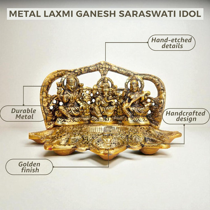Lakshmi Ganesh Saraswati Metal Idols with 5 Diya Oil Lamp Base Traditional Brass Finished Metal Idol Set, Diwali Decoration, Temple, Brass Finished 24x14 cm