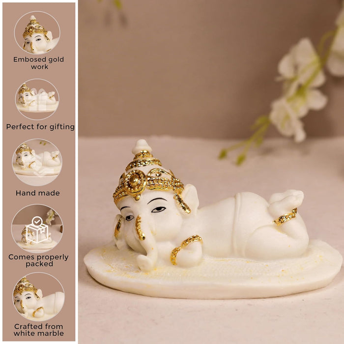 Resting Ganesha Statue Showpiece Idol, Crafted from Marble Finish Resting Ganesha Murti (White, 7x13 cm)
