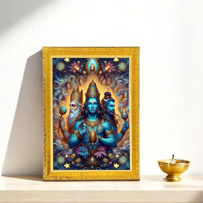 Trimurti Brahma Vishnu Mahesh Photo Frame for Mandir, Pooja Room | Divine Hindu Deity Wall Art (10x13 Inch)