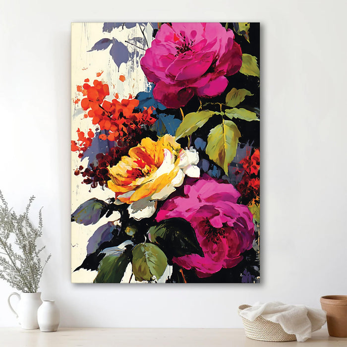 Abstract Floral and Botanical Art Print in Pink, Yellow, and Red | Digital Painting On Canvas Stretched on Wood (16x22 Inch)
