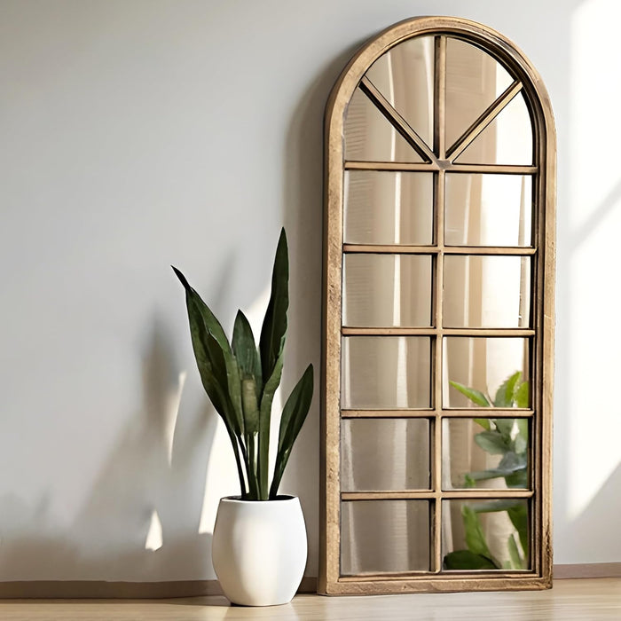 Bronze Arched Windowpane Wall Mirror Full Length Semicircular Grid Design, Rustic Wood Finish, Vintage Window Frame Style  32x76 cm