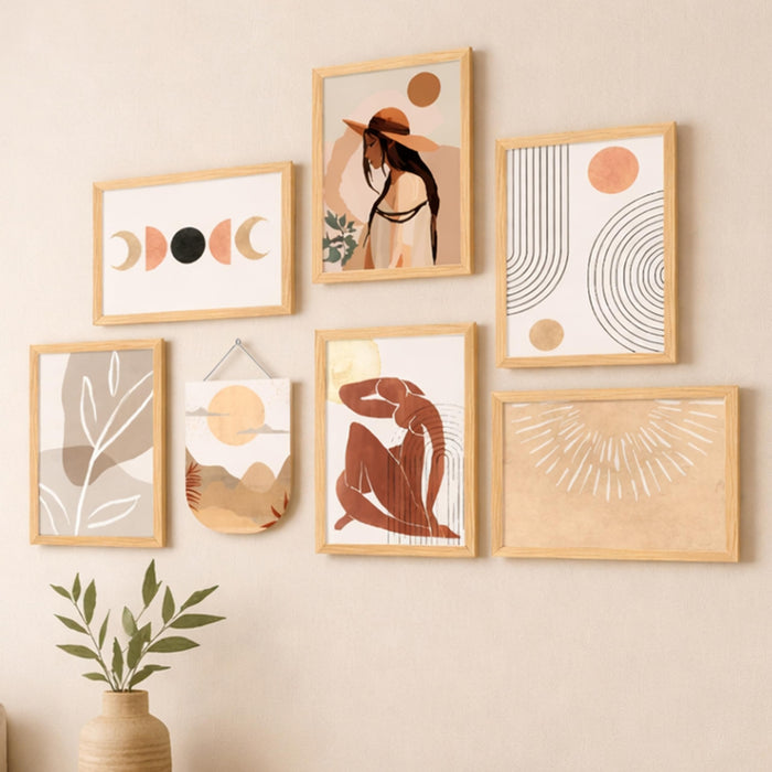 Boho Abstract Framed Wall Art Set of 7 (1 MDF wall Hanging), Modern Neutral Aesthetic Prints with Minimal Line Art, Framed Painting Wall Decor for Living Room, Bedroom, Home, 9x13 Inch