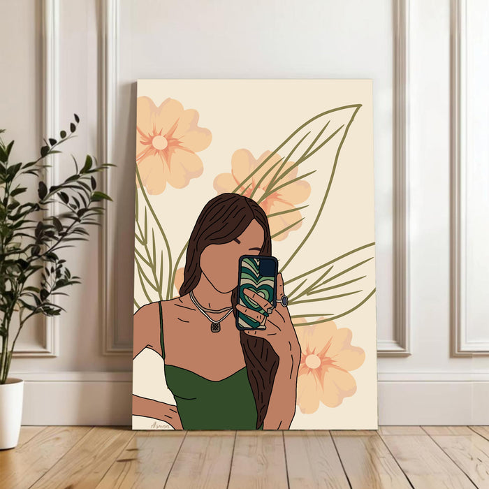 P Abstract Women cell phone Stretched Canvas Wall Art Modern Boho Illustration Painting for Home & Office Wall Decor, (16x22 Inch)