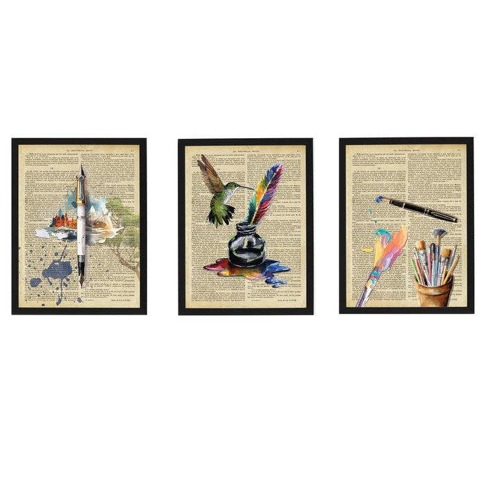 Art Street Dictionary Art Prints Textured Humming Bird concept With Architectural Theme, Framed Posters for Home Décor & Wall Decoration for Living Room (Set of 3,12.6 X 9.2 Inch)