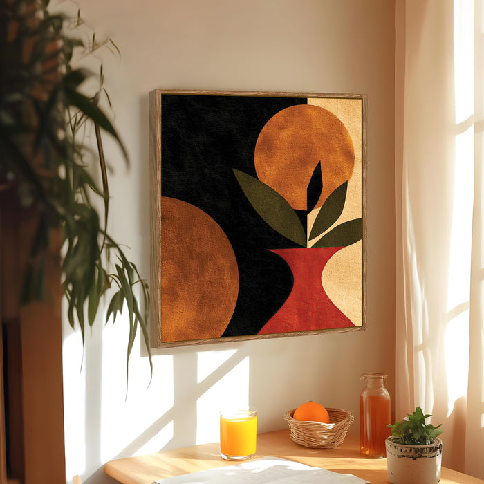 Boho Vase Botanical Framed Painting For Living Room | Abstract Plant and Sun Large Canvas Painting With Frame Wall Art For Bedroom, Hallway's, Office, Hotel, Size 58x58 cm