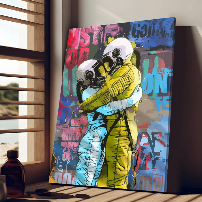 Art Street Stretched Canvas Painting Astronaut Couple in Love Starry Night Graffiti Wall Art Home Decor, Living Room, Office.
