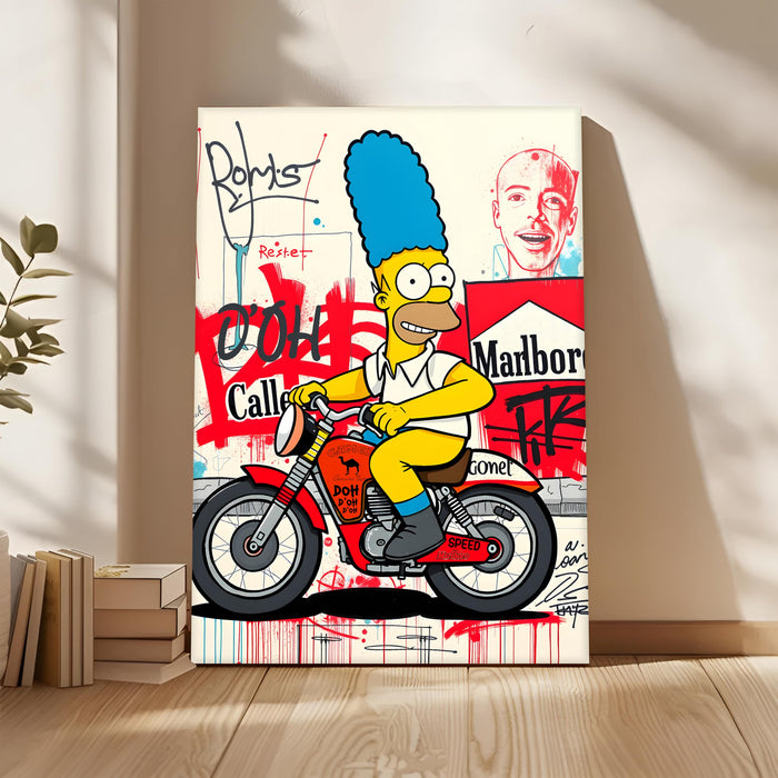 Cartoon Rider Graffiti Stretched Canvas Painting Print | Pop Art Street Style Wall Décor | Modern Abstract Wall Art for Home & Office, 56x86 cm