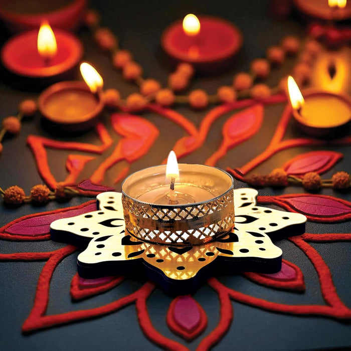Decorative Diwali Tealight Diya Holders for Home Decoration, Dipawali Décor Items, Diwali Temple Decoration - MDF Wood Tea Light Candle Holder Star Floral Shaped Stand –11x11 cm