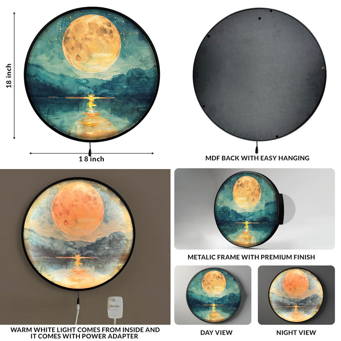 Shree Ganesh Ji Night Wall Lamp Painting with Premium Aluminium Metal Frame, Religious Round Wall Painting with Warm White Night Lamp (18x18 Inches)