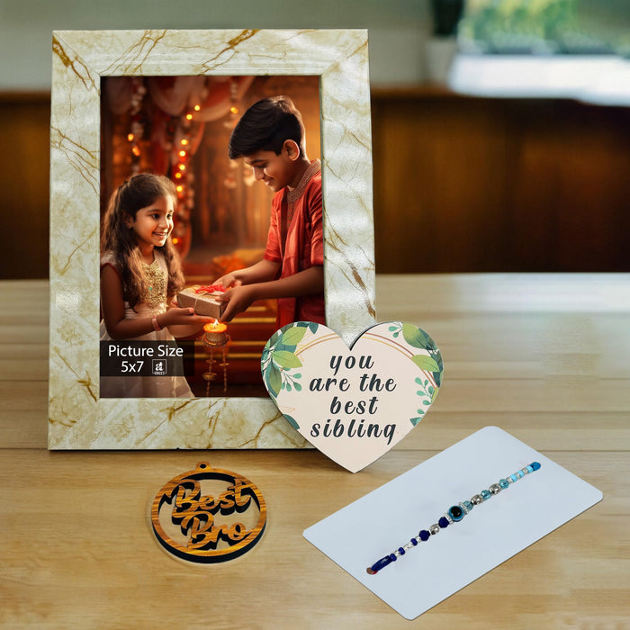 Art Street Rakhi Gifts Hamper Combo Set-One 5x7 Inch Photo Frame With Heart Shape Plaque 'You are the Best Sibling', Rakhi & Best Bro Keyring for Brother, Gift Set