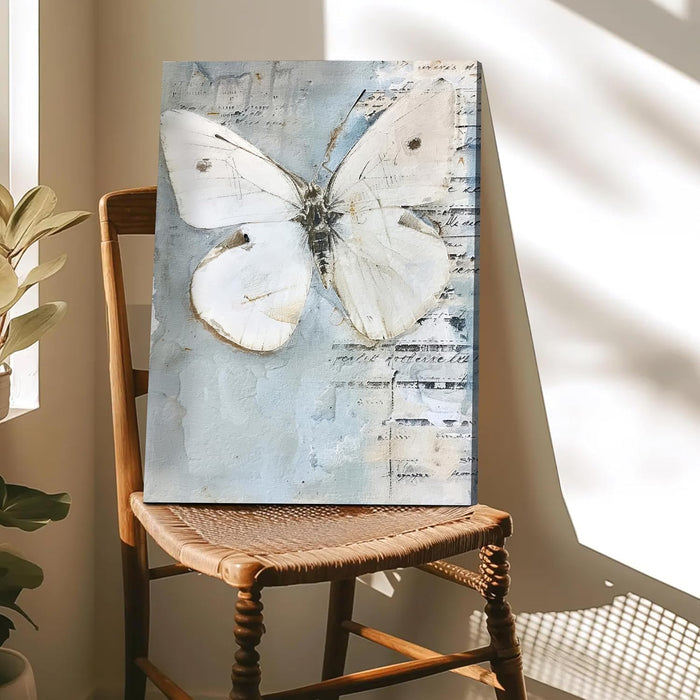 Distressed Aesthetics Art of Butterfly in Sky and White | Digital Painting On Canvas Stretched on Wood (16x22 Inch)