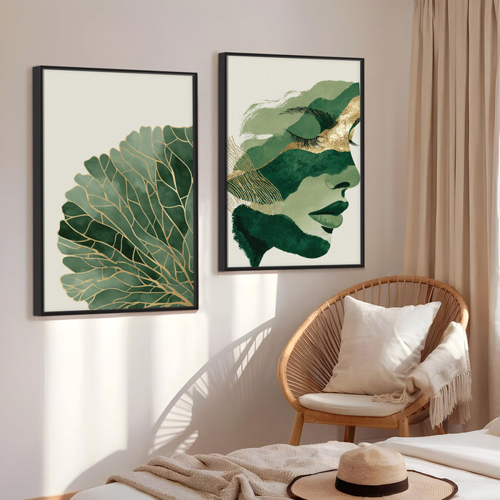 Abstract Face Green Leaf Canvas Portrait Large Wall Art Painting for Living Room Decoration, Stylish Large Wall Art Print for Wall Decor (Set of 2, 58x89 cm)