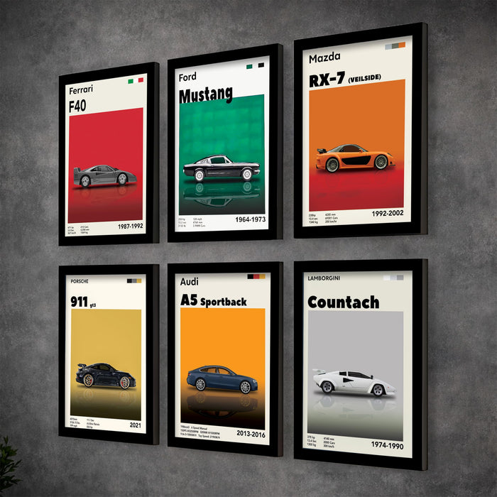 Iconic Car Painting With Frame for living room, Sports Car Framed Wall Art Painting for Home Decor Set of 6, Size 13 by 9 Inch