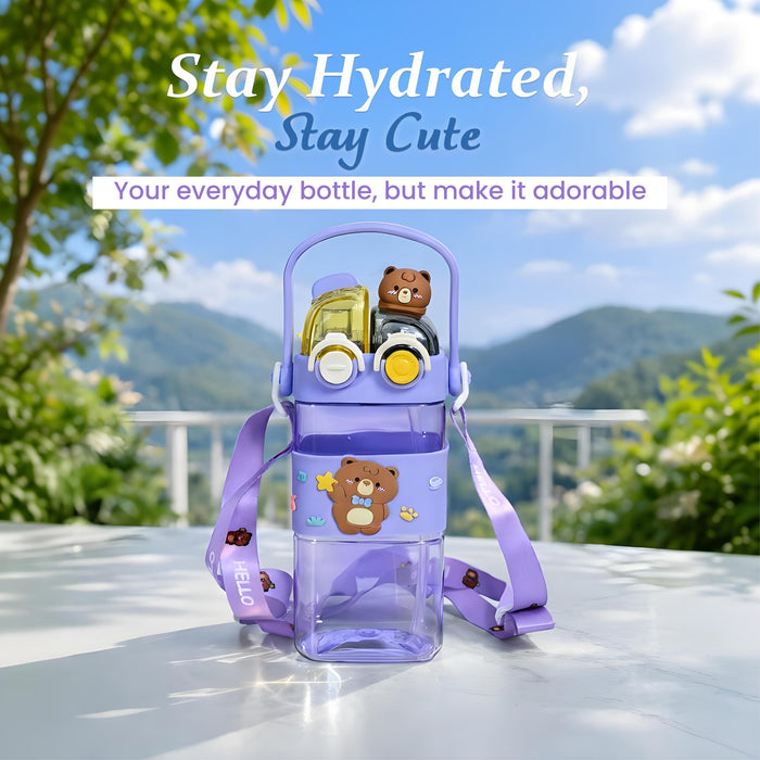 Art Street Cute Bear Kids Water Bottle with Straw & Strap - 580ml Leakproof BPA-Free Plastic Sipper—Cute Portable Dual-Drink Cartoon Tumbler for School, Girls & Boys (Purple, 17x7 cm)