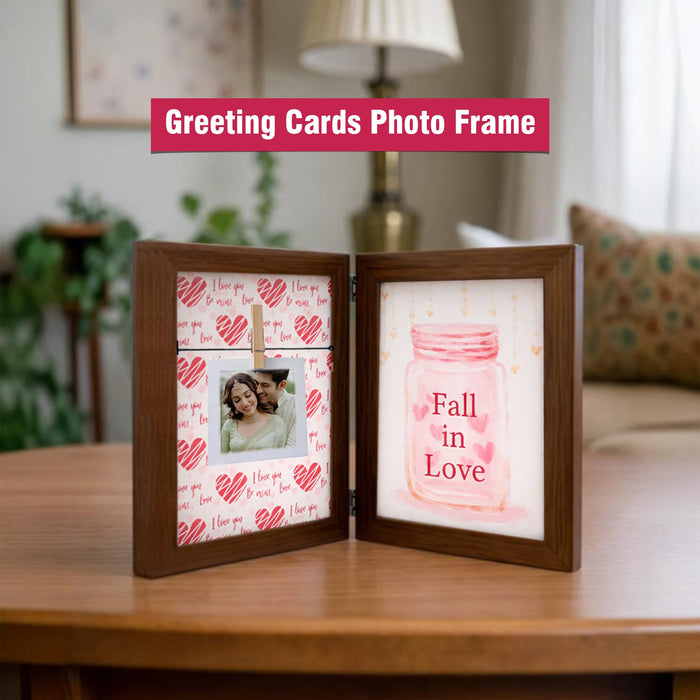 Greeting Card Photo Frame for Couples, Wooden Double Folding Love Photo Frame with Clip, Valentine’s Day Romantic Gift for Boyfriend, Girlfriend, Anniversary Wedding (5.2 x 7.2 Inch, Brown)