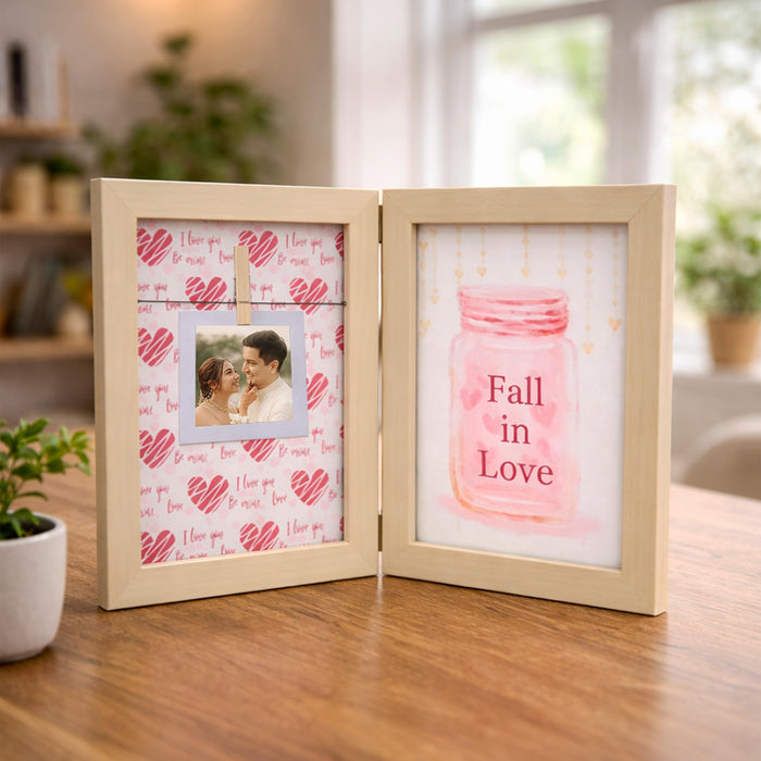 Greeting Card Photo Frame for Couples, Wooden Double Folding Love Photo Frame with Clip, Valentine’s Day Romantic Gift for Boyfriend, Girlfriend, Anniversary Wedding (5.2 x 7.2 Inch, Beige)