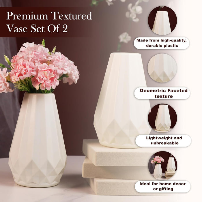 Beautiful Flower Vases, PVC Pot for Plants Stand Geometric Faceted Texture White Vase, Made of Durable Plastic PVC Height - 15 cm