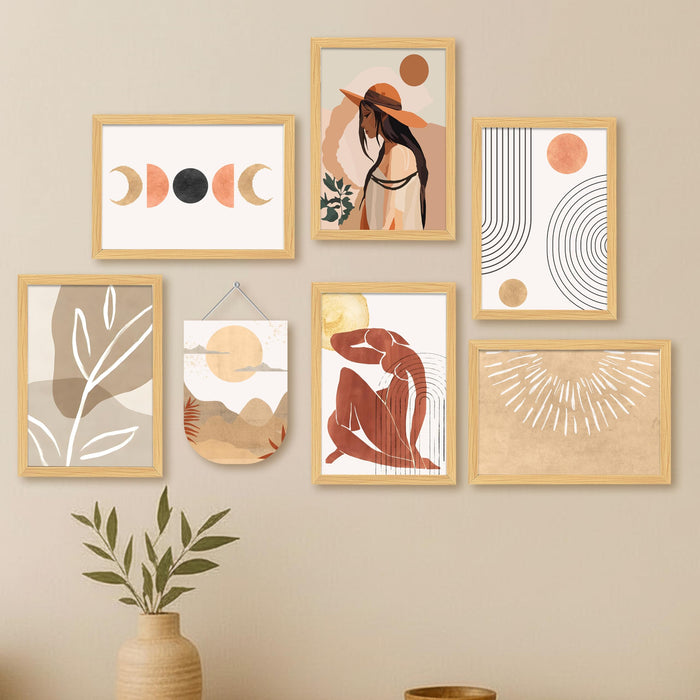 Boho Abstract Framed Wall Art Set of 7 (1 MDF wall Hanging), Modern Neutral Aesthetic Prints with Minimal Line Art, Framed Painting Wall Decor for Living Room, Bedroom, Home, 9x13 Inch