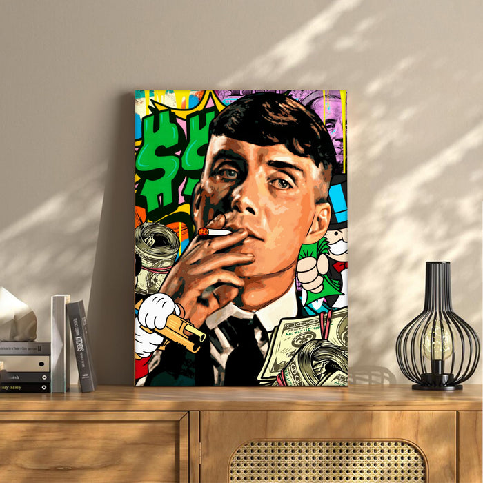 Bold Street Pop Art Gentleman Smoking Stretched Canvas Painting Print| Money & Power Graffiti Wall Art | Modern Luxury Wall Décor for Home & Office, 41x56 cm