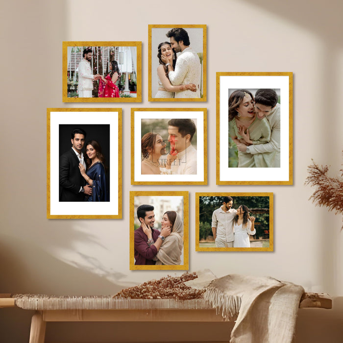 Art Street Photo Frame Set of 7 Gold Wall Decor Collage Display Hanging Family Picture Frames Gallery Collection Decor Items Wall Mount Frames Birthday Anniversary Gift, 8x12, 12x12 and 12x16 In