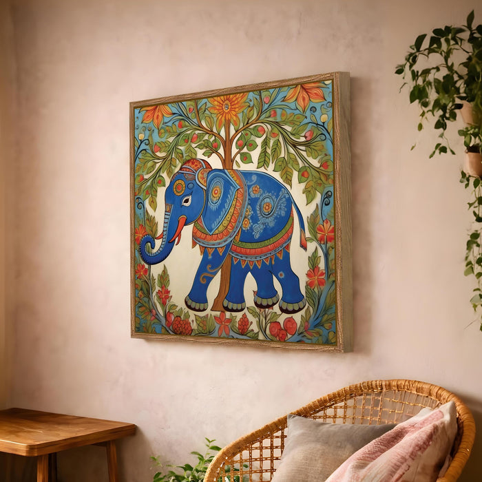Madhubani Elephant Folk Framed Painting For Living Room | Mithila Botanical Large Canvas Painting With Frame Wall Art For Bedroom, Hallway's, Office, Hotel, Size 58x58 cm