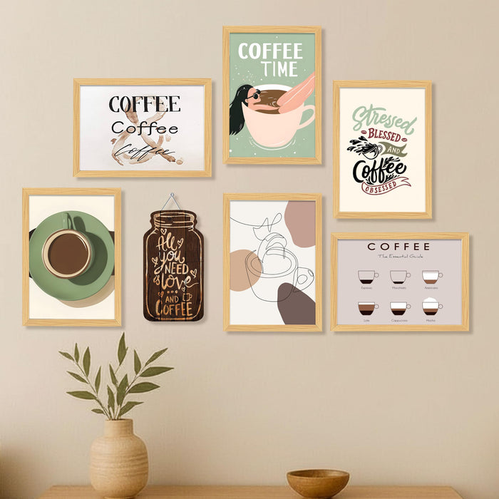 Coffee Retro Theme Kitchen and Cafe Framed Wall Art Painting Food Kitchen Quotes Painting With Frame Wall Decor for Home, Restaurant, Café, Set of 7 (1 MDF wall Hanging) 9x13 Inch