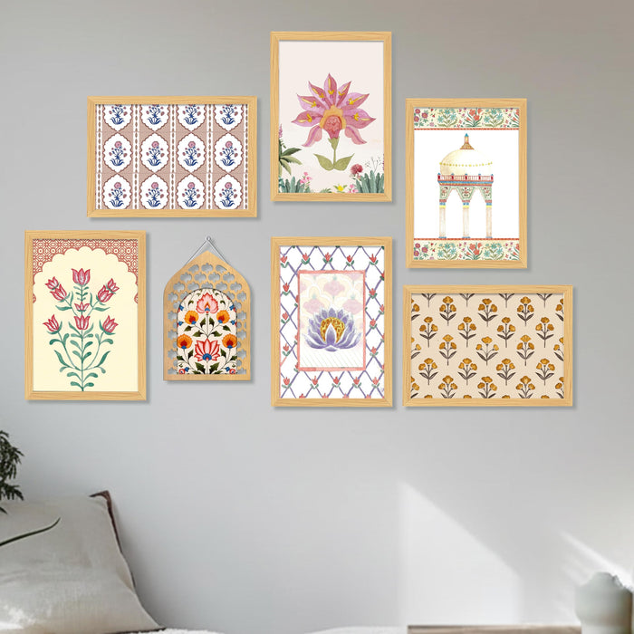 Indian Floral Framed Wall Art Set of 7 (1 MDF wall Hanging) – Mughal & Rajasthani Inspired Botanical Prints |Ethnic Wall Decor Framed Painting for Living Room & Bedroom, 9x13 Inch