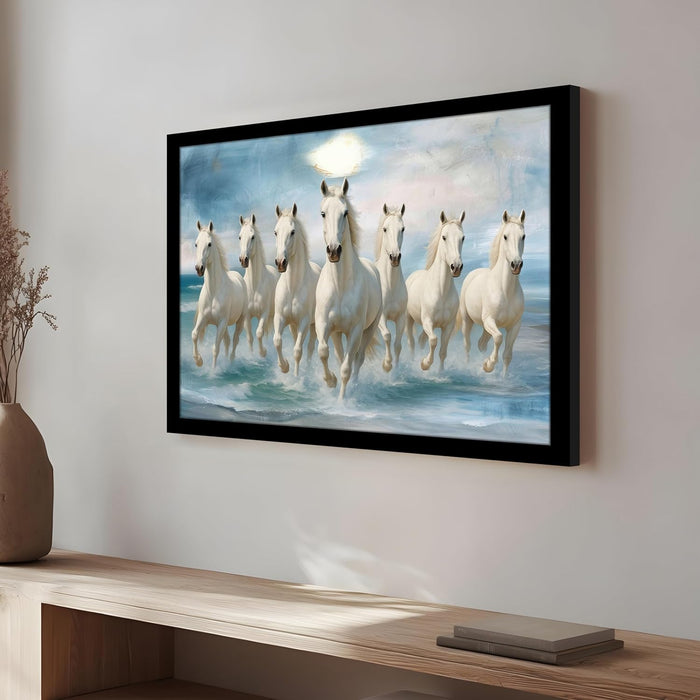 Seven Running Horses Wall Art Vastu Feng Shui Multicolor | Canvas Painting Stretched on Wood | Suits For Vastu-Friendly Place (16x22 Inch)