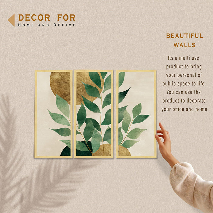 Botanical Leaf Framed Wall Art Set of 3 | Modern Nature-Inspired Boho Wall Décor | Engineered Wood Frame Art for Living Room, Bedroom & Office, 8.9x18.9 Inch