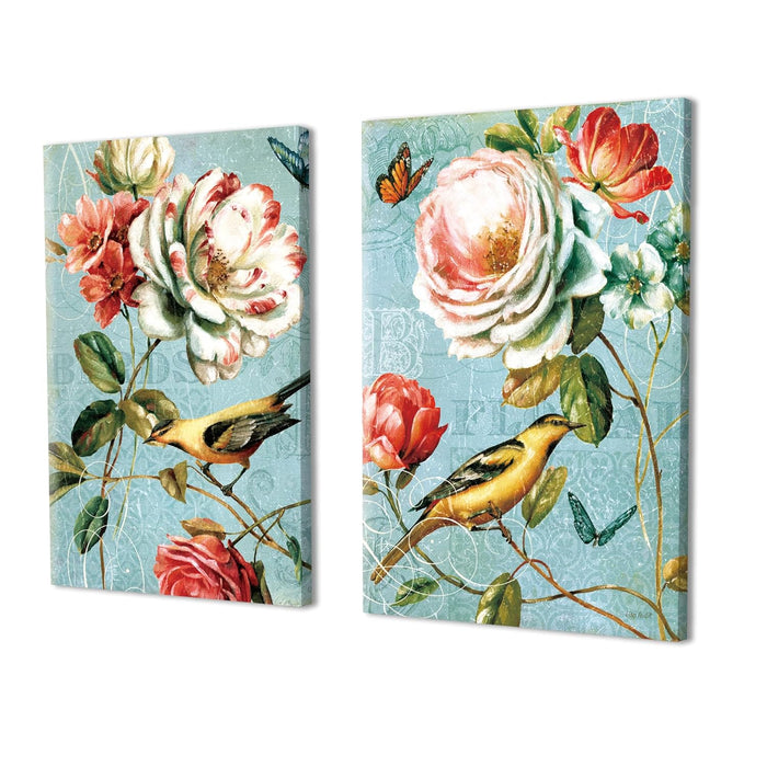 Art Street Stretched Canvas Painting Beautiful Flower Bird Retro Color For Living Room Decoration (Set of 2, Size: 16x22 Inch)