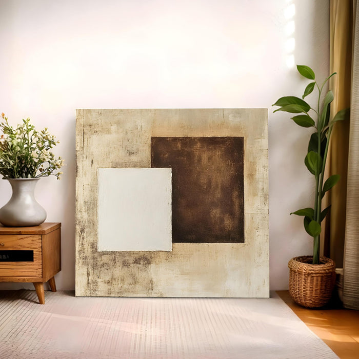 Modern Abstract Stretched Canvas Wall Art Painting For Living Room, Minimalist Geometric White & Dark Brown Textured Painting for Living Room, Office & Home Decor (56xx56 cm)
