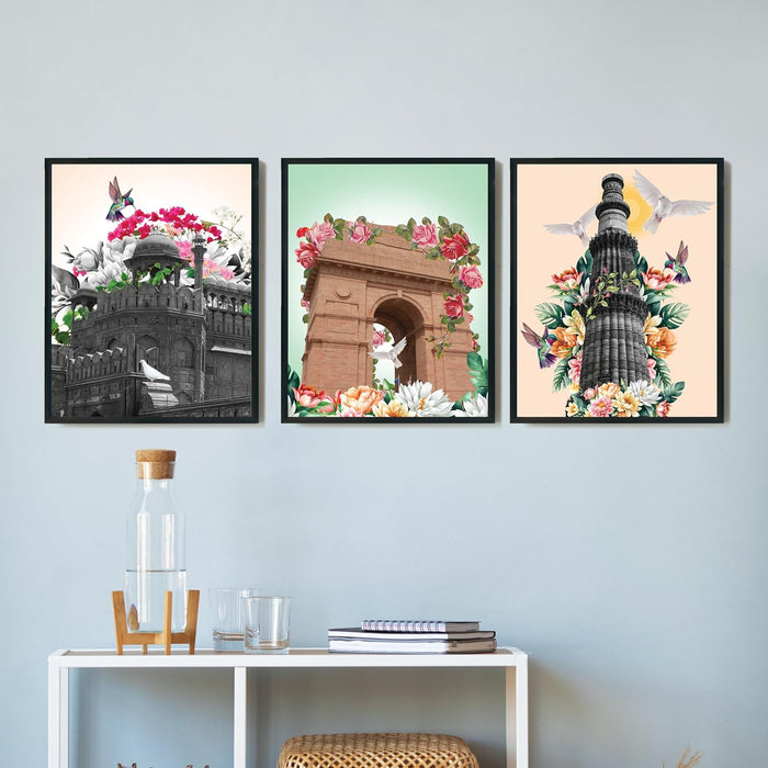 Art Street Laminated Framed Wall Art Prints Qutub Minar & India Gate Art For Décor Abstract Art (Set of 3, Size - 12.7x17.5 Inch)