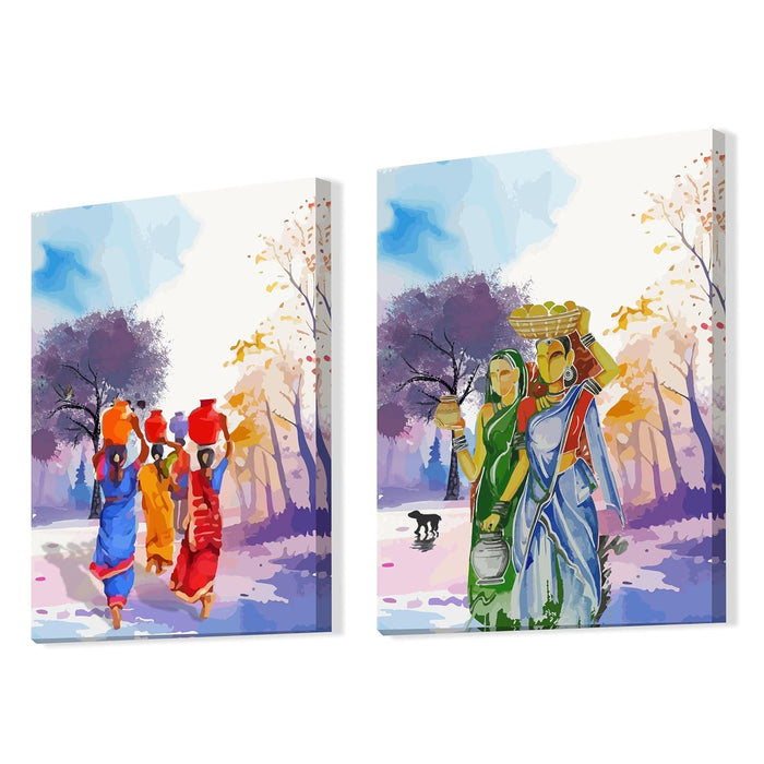 Art Street Set of 2 Stretched Canvas Painting of Rajasthani Women with Pot Modern Art for Home Decor, Living Room, Wall Hanging, (Size: 12x16 Inch)