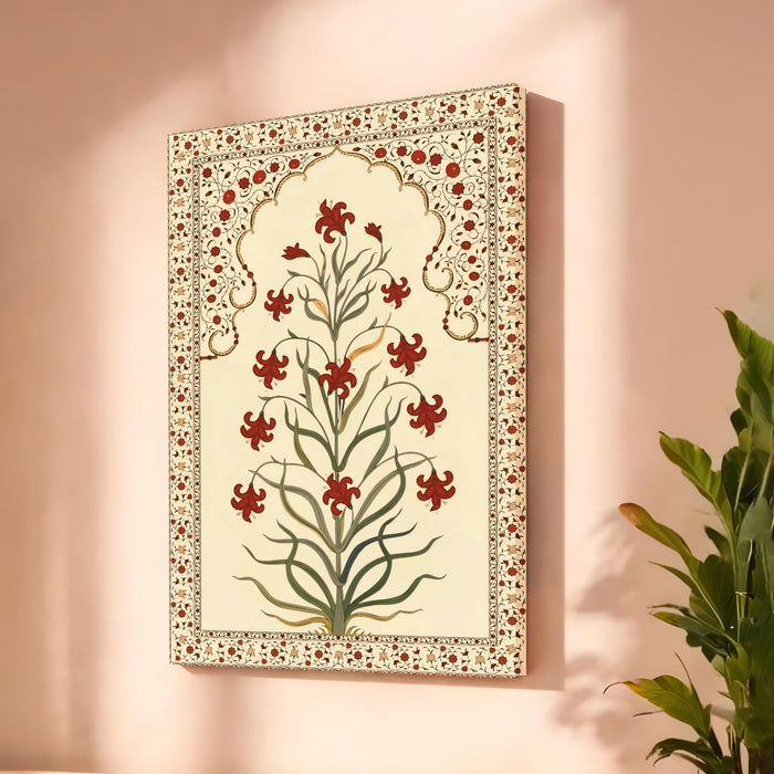 Madhubani Floral Jharokha Stretched Canvas Painting For Living Room | Mughal Garden Stretched Canvas Wall Art For Livingroom Home Decor, Bedroom, Hallway's, Office, Hotel - 56x86 cm