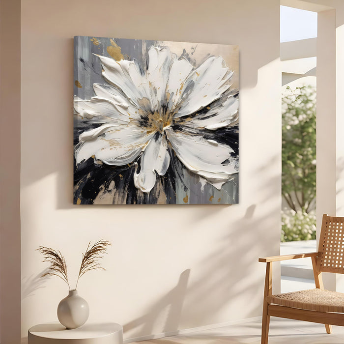 Modern Floral Stretched Canvas Wall Art Painting For Living Room, Painting White Flower with Heavy Texture & Gold Foil Accents, Contemporary Decor for Living Room, Bedroom & Office (56xx56 cm)