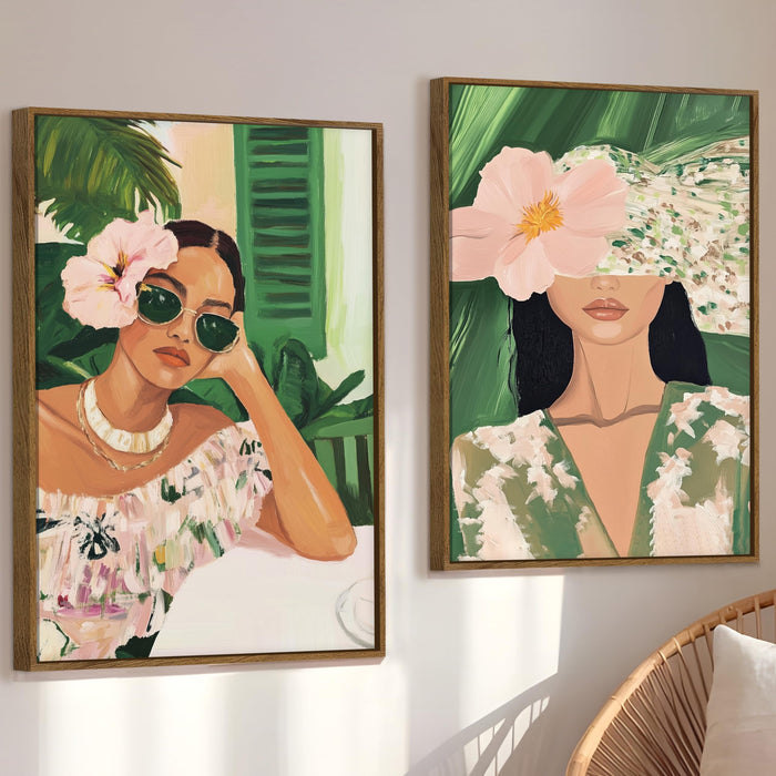 Boho Women Portrait Green and Pink Canvas Painting Bohemian Large Wall Art Painting for Living Room Decoration, Stylish Large Wall Art Print for Wall Decor (Set of 2, 58x89 cm)